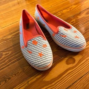 SPERRY ‘Westport’ Blue & White & Coral Seersucker Loafer Flats size 10